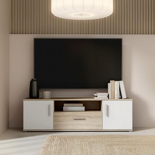 Forte IKOLI TV Schrank 140 150, modernes Lowboard mit 2 Türen und 1 Schublade, offenes Fach, Wohnzimmer, Holzwerkstoff, Weiß mit Sonoma Eiche Holzdekor, 144,6 cm breit x 43,3 cm hoch x 41,3 cm tief