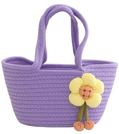Grion Lavender Purple Floral Tote Bag - for Girls Handheld Basket Purse Handwoven Design - Travel School Outings Fashion Daily Storage or Beach Picnic Companion Bag (Lavender Purple)