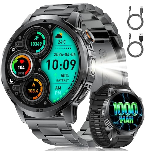 Montre Connectée Homme, 1,85 Grande Écran/Appel Bluetooth/1000mAh/LED Torche, Smartwatch Homme avec Moniteur de Fréquence Cardiaque/Sommeil/IP68 Étanche/110+ Modes Sportifs Android iOS, Noir-Acier