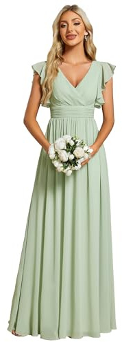 Ever-Pretty Robe de Soirée Dos Nu pour Femme Manches Volantées Mousseline Col V Plissé Robe de Demoiselle d'honneur Longue Élégante ES01818