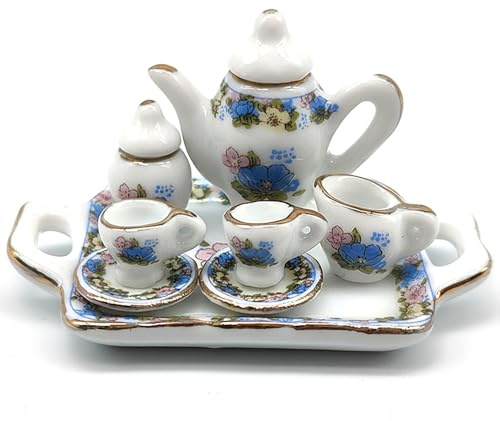 Monwssoe Juego de té en Miniatura con delicados Adornos Dorados: Accesorios de casa de muñecas de cerámica de 8 Piezas para Juego y exhibición realistas