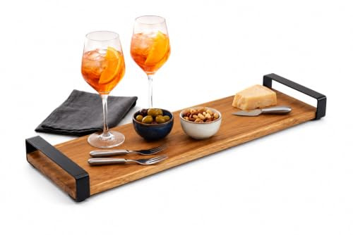 Vassoio da Portata in Legno di Acacia con Manici in Metallo Nero | Tagliere Rettangolare 50x15x4 cm | Ideale come Tagliere per Salumi, Formaggi, Aperitivi, Sushi e Design Centro Tavola