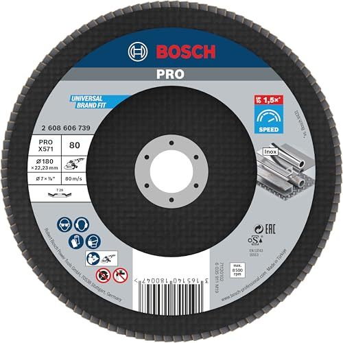 Bosch PRO X571 Fächerschleifscheibe, gerade, 180 mm, K40 | für Stahl, Edelstahl, Körnung 80, Professional Zubehör Großer Winkelschleifer