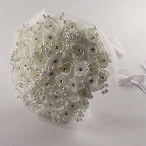 Diamante Rosebud Bridal Bouquet White - Artificial Flowers