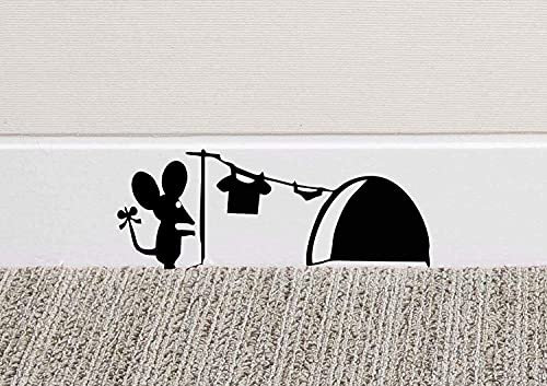 Mouse Hole Wall Art Sticker | Mouse Drying Clothes Skirting Board Sticker | Funny Mouse Washing Clothes Vinyl Decal | Mice House in Wall Home Skirting Board Funny