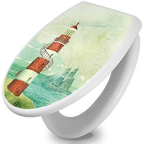 banjado Toilettendeckel mit Absenkautomatik 44,5x37cm / WC Brille Soft Close/hygienischer Toilettendeckel/Klodeckel Duroplast Edelstahl Scharniere einfache Montage/Motiv Alter Leuchtturm