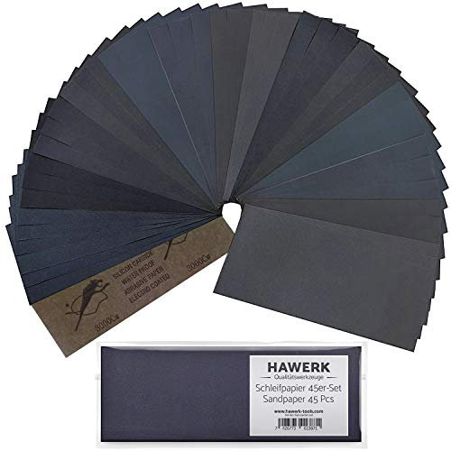 HAWERK Schleifpapier Set - 80-3000 Körnung 45 Stück - Schmirgelpapier Set Schleifpapier Metall Holz - Nass und trocken - Sandpapier für Autolack Auto Lack - Nassschleifpapier