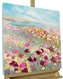 KunstLoft Leinwandbild | 100% HANDGEMALT | 60x60cm | Gemälde 'Herbaceous Poppy' | Mohnblumen | Pink Blau | Wandbild Wohnzimmer
