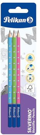 Pelikan Bleistifte-Set Silverino HB, dreikant, mit bruchstabiler Mine, pink, hellgrün, hellblau, 3 Stück