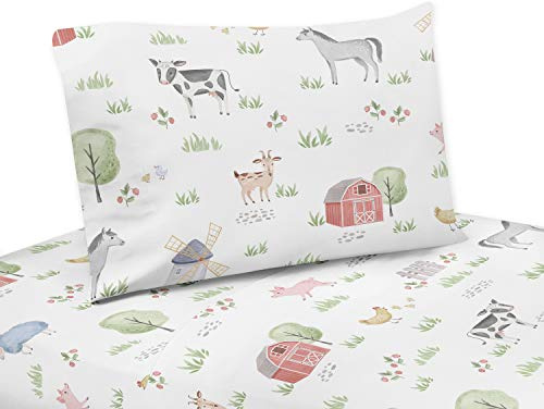 Sweet Jojo Designs Farm Animals Queen Sheet Set - 4 piece Set - Watercolor Farmhouse Horse Cow Sheep Pig