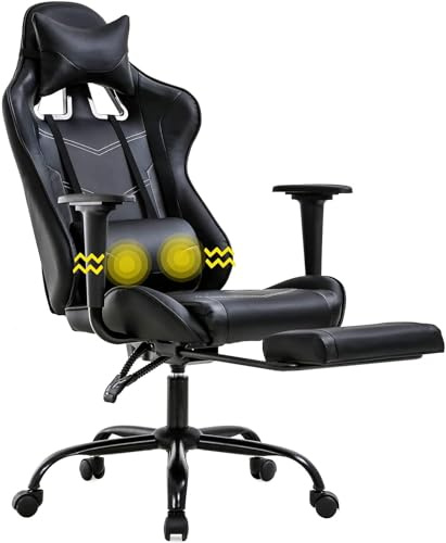 Massage Gaming Chair with Footrest - Ergonomic PC Office Chair with Lumbar Support, Headrest, Armrest - High Back PU Leather Recliner, Heavy Duty Swivel Gamer Chair, Black
