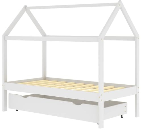 vidaXL Kinderbett mit Schublade, Kinder Bettrahmen für Kinderzimmer, Kinder Bettgestell mit viel Stauraum, Spielzeug Kinderhaus, Weiß 80x160 cm Massivholz Kiefer