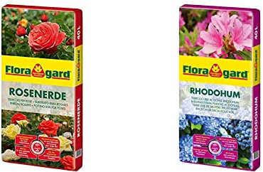 Floragard Rosenerde 40 Liter - torfreduzierte Spezialerde & Rhodohum 40 L • Spezialerde • für Rohododendron, Azaleen, Blaubeeren und andere Moorbeetpflanzen • zur Bodenverbesserung