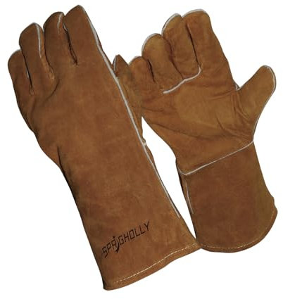 Guanti da saldatura in pelle resistente al calore e al fuoco per bastone mig, tig, fucina, barbecue, camino, stufa a legna, forno, pentola grigia, 14 pollici marrone scuro