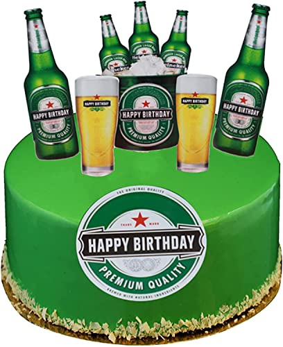 Lot de 6 décorations de gâteau « Happy Birthday » - Série de bouteilles de vin - Décorations de gâteaux sur le thème de la bière pour bar, club, fête (vert)