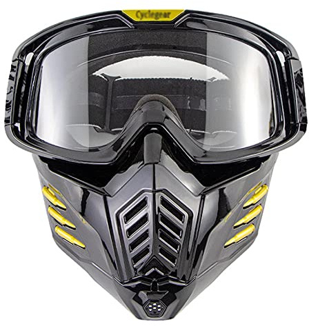 DXDRT Motorradbrille Mit Abnehmbarer Gesichtsmaske, Dirt Bike ATV Motocross-Reitbrille Mit Abnehmbarer Vintage-Gesichtsabdeckung, Mopedhelm-Zubehör Für Männer Und Frauen,Bright Black Clear Lens