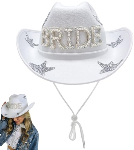 ZOOMPIL Sombrero De Vaquera para Novia, Sombreros de Vaquero de Occidental, Sombreros de Vaquero parpadeantes, Sombrero de Vaquero de Fiesta con Tiara(Blanco)