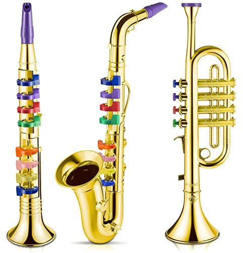 Lewtemi Set of 3 Saxophone for Kids Musical Instruments Toy Saxophone Toy Trumpet and Clarinet with 8 Colored Coded Keys Teaching Songs Gifts for Toddlers Children(Gold)