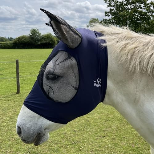 Ruggles Lycra-Fliegenmaske zum Überziehen für Pferd und Pony, Netz-Augen und Ohren, 4-Wege-Stretch für hohen Komfort, keine Schnallen oder Riemen, Größe S, Marineblau