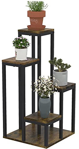 Outsunny 4-Etagen Pflanzenständer, 81cm hoch Blumenständer für Innen Außen, Pflanzenregal aus Stahl, mehrstöckig Blumenhocker, Blumentreppe Blumentopfständer für Wohnzimmer, Garten Balkon, Braun