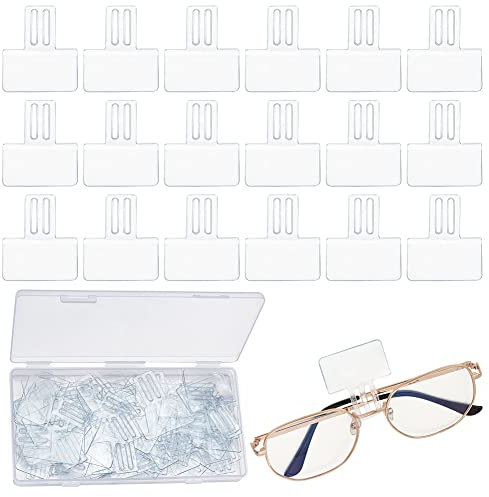 AHANDMAKER 100 Pcs Clear Plastic Price Tag Holders for Glasses Frame, Mini Rectangle Label Holders, Hanging Card Protector Sleeve for Spectacle Frames
