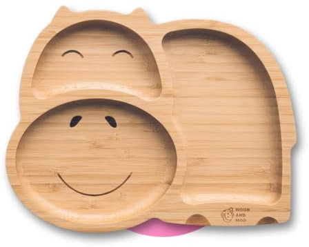 Moon and Moo Hippo Ensemble assiette à ventouse et cuillère en bambou pour enfants, tout-petits et bébés – Non toxique – Sans plastique – Reste en place – Assiette à ventouse pour bébé – Ensemble de