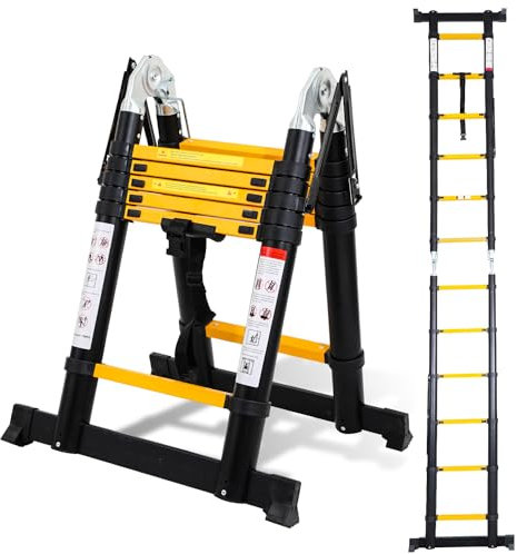Cecaylie Scala telescopica allungabile in alluminio, antiscivolo, multiuso, portata 150 kg, lunghezza 3,8 m (1,9+1,9), colore nero e giallo