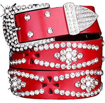JIARY Diamant Persönlichkeit Breiter GürtelStrass Nietengürtel für Frauen, Western Ledergürtel für Cowgirl Cowboy Vintage Gürtel für Hosen Kleid,Rot,120CM/47.3''