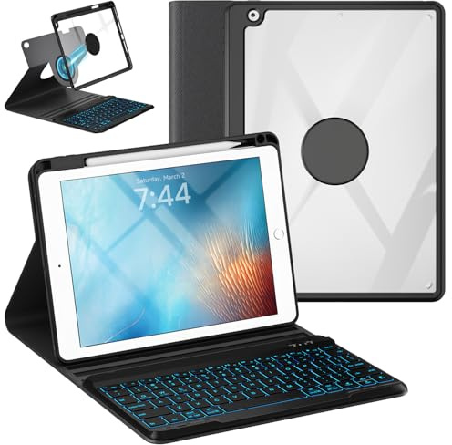 OPAKIT Funda para teclado para iPad 9.7 6ª 2018/5ª generación 2017/Air 2-7 Color Teclado retroiluminado inalámbrico – Funda delgada desmontable con soporte para lápiz (negro)