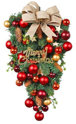 Künstliche Weihnachten Teardrop Swag Kranz, Große Größe Frohe Weihnachten Swags Kranz Weihnachten Treppendekoration Weihnachtskränze für Haustür Bogen Dekorative Kugeln Tannenzapfen Hirsch (Merry