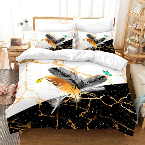 Juego de Cama Pluma135x200cm, Ropa de Cama Boho Flor atrapasueños para Cama de Matrimonio, Microfibra Estampada 3D Suave y Confortable con 2 Fundas de Almohada (Plumas, Singolo-135x200)