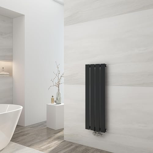 EMKE Radiatore ad Acqua Calda 90x30 cm, Radiatore piatto singolo strato connessione centrale, Montaggio a parete verticale design, Nero