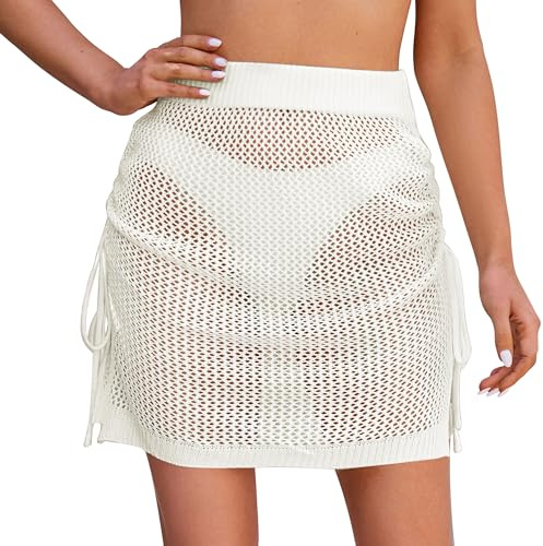 SEAUR Stickad kjol för kvinnor, strand, kort, transparent, strandkjol, dragsko, omlottkjol, minisarong, pareo, virkad, bikini, cover up, fisknät, linda S–XL, Dragsko – vit, XL