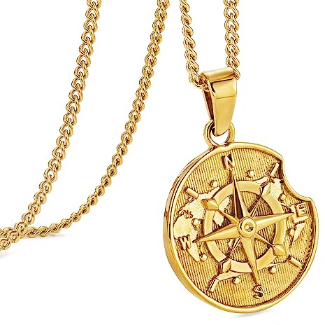 Murtoo Gold Münze Halskette, Silberkette, Kompass Anhänger, Edelstahl Kette, Geschenk für Herren 60cm