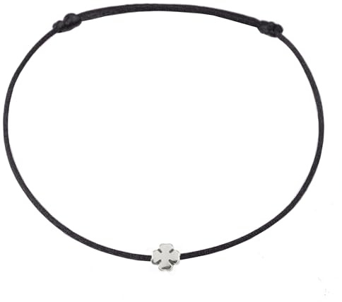 Selfmade Jewelry Fußkettchen Damen Kleeblatt Silber Größenverstellbares Glücksbringer Fußbändchen mit Glücksklee Handgemacht Inkl. Geschenk-Verpackung (Silber - Schwarz)