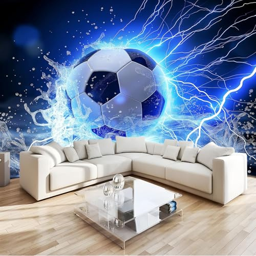 Bleu Papier Peint Intissé 3D Sport de Football Décoration Murale Moderne, pour Chambre Enfants, Salon & Bureau 350 x 256 cm