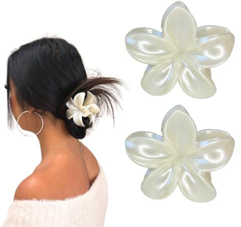 Perweiße Blumen Haarklammern 2er Set – 8 cm große rutschfeste Haarspangen | Flower Hair Claw Clips, luxuriöser weiß-metallic Haarschmuck für Damen & Mädchen