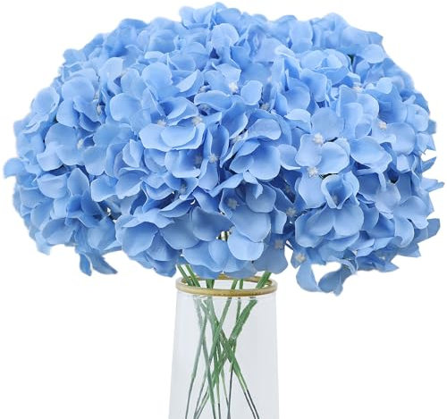 AVIVIHO Flores artificiales de hortensias azules, paquete de 10 hortensias falsas esponjosas de seda con tallos para bodas, fiestas, centros de mesa, hogar, festivales, decoración floral