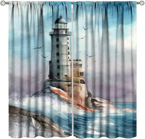 Pencil Pleat Blackout Curtains Lighthouse Scenery 140X160 Cm (W + H) Indoor Blackout Curtain, 3D Thermo-Insulating Window Curtains Polyester Material Bedroom Drapes Blackout Curtains -44618954