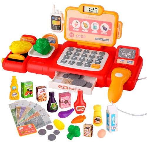CEMIRK Cash Register for Kids – Toy Till with Scanner, Play Money & Food Accessories, Kids Till for Pretend Play & Learning, for 3+ Year Old Boys & Girls