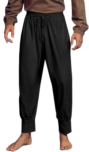 Runcati Pantalón Medieval de Hombre de algodón, Holgado con cordón, Disfraz Pirata renacentista