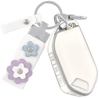 OFF WE GO for Kia Key Fob Cover with Leather Keychain, Soft TPU Key Fob Case Compatible with Kia Telluride 2023/2024 5 Buttons Smart Remote Control Car Key Protector (Silver White)