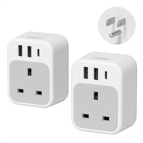UK to US Plug Adaptor 2 Pack, TESSAN USA Travel Adapter with USB C and 2 USB A, 4 in 1 Thailand Travel Adaptor, American Plug Adapter from UK to Mexico, Canada, Bahamas (Type B)