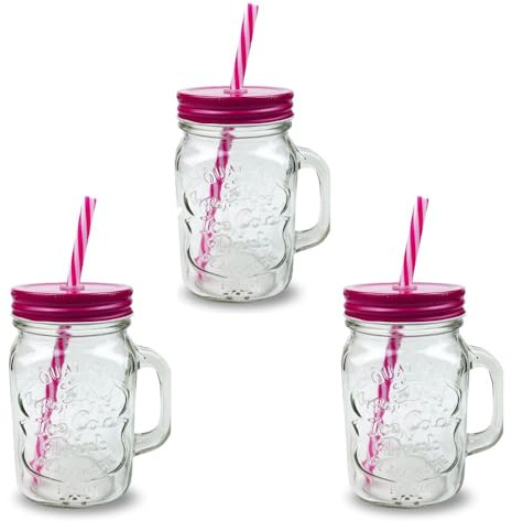 G4GADGET 3X Pink Mason Jars with Handles (500ml) – Durable Glass Cups with Lids & Reusable Straws – Ideal for Smoothies, Juices, Milkshakes & Cold Beverages