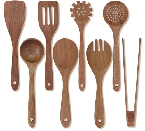 HMIEPRS 8Pcs Wooden Kitchen Utensils Set, Natural Teak Wood | Non-Stick Wood Cooking Tools, Heat Resistant Spatula Fork Salad Bread Clip, Kitchen Cooking Essentials, Easy to Clean