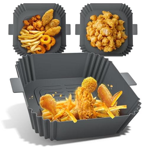GlasFlength 3 Piezas Molde Silicona Freidora de Aire，Reutilizable Recipiente Air Fryer Cuadrado Bandeja Silicona Air fryer para Air Fryer Microondas Horno 3,5- 6,2 L (Gris)