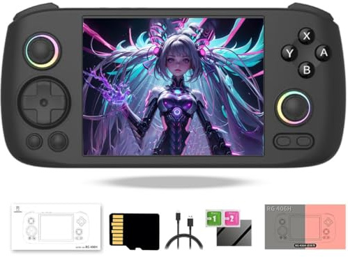 JOYARCH RG406H - Consola de juegos de mano retro, iluminación RGB de 4.0 pulgadas, 640 x 480, reproductor de videojuegos portátil retro con sistema Android 13 (8+128G/negro) sin juegos