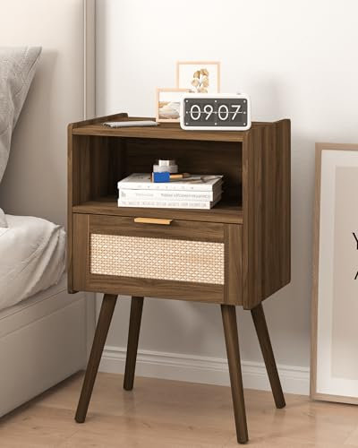 JERX Rattan Nachttisch, Modernes Nachtkästchen mit Schublade und offenem Regal, für Wohnzimmer, Schlafzimmer und kleine Räume, Beistelltisch mit Massivholzbeinen, einfache Montage (Braune Eiche)