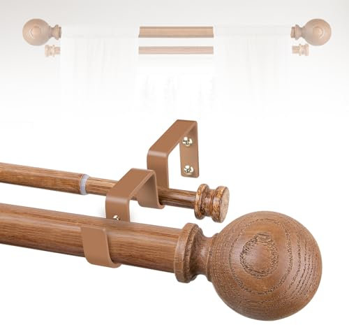 TANGWIN Wood Double Curtain Rods for Windows 36 to 88:Boho Wooden Double Rod Curtain Rods for Farmhouse Livingroom Bedroom 1Inch Heavy Duty Adjustable Dual Curtain Rod Decorative Imitation Wood Grain