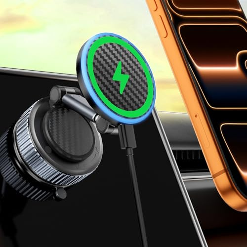 CloudValley für Magsafe Autohalterung 15W Handyhalterung Auto, Teleskoparm Saugnapf Ladegerät für Armaturenbrett/Windschutzscheibe, 360° Drehbar Car Phone Holder Zubehör für iPhone 17-12 Serie